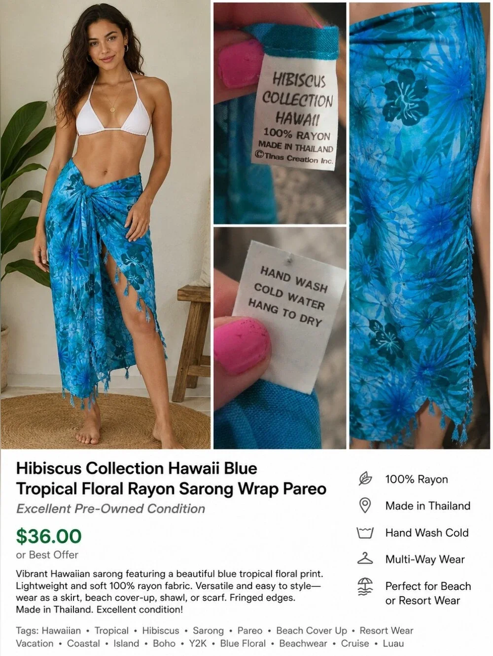 Hibiscus Collection Hawaii Blue Tropical Floral Rayon Sarong Wrap Pareo